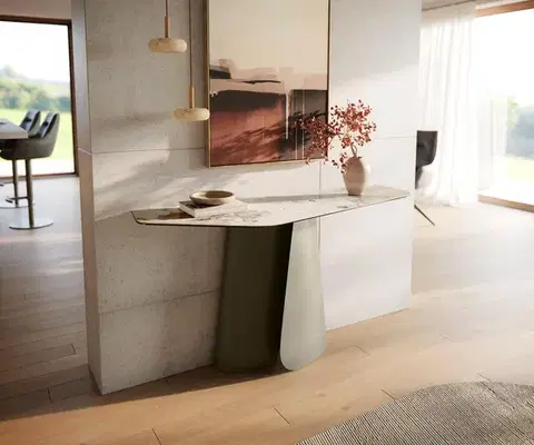 Konzolové stolíky DELIFE Konzolový stolík Edge polygonálny 140×50 cm keramika Minas melange bielo-béžová Livos kov titánová farba