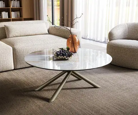 Konferenčné stolíky DELIFE Konferenčný stolík Edge okrúhly 100×100 cm keramika onyx perla Sarity kov titánová farba efekt