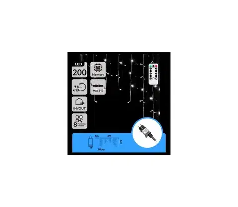 LED osvetlenie  B.V.  - LED vonkajšia vianočná reťaz 200×LED/6W/230V/8 režimov 3×1m IP44 studená biela + diaľkové ovládanie B10303S7K