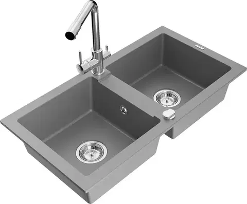 Kuchynské drezy MEXEN/S MEXEN/S - Mario granitový drez 2-bowl vrátane batérie Duero, šedá 6504-71-671600-00
