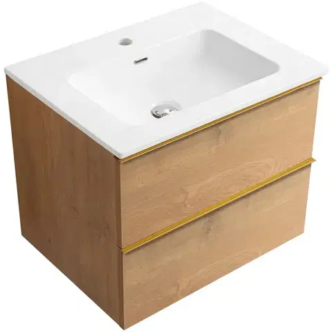 Kúpeľňový nábytok CERANO - Kúpeľňová skrinka Velora - dub medový, úchytka zlatá + keramické umývadlo Novo - biela lesklá - 71x54,5x46,5 CER-979915