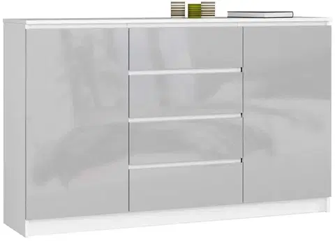 Komody a skrinky Moderná, široká a vysoká komoda, SOPHIA160, biela / metalický lesk