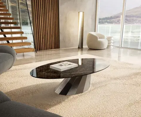 Konferenčné stolíky DELIFE Konferenčný stolík Edge oválny 140x80 cm keramika Laminam® Emperador Extra Lucidato tmavohnedá Parabi nerezová oceľ kefovaná