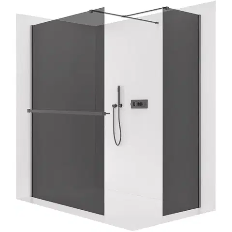 Držadlá k vani CERANO - Sprchová zástěna Walk-in Onyx T L/P - 10 mm - hranatá vzpěra + polička/držák na ručníky - černá matná, grafitové sklo- 160x130x200  CER-8050BD9423