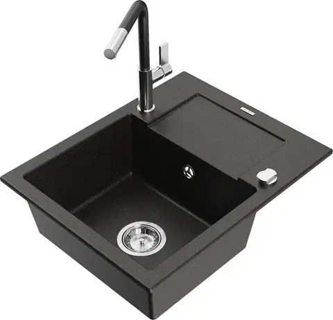 Kuchynské drezy MEXEN/S MEXEN/S - Enzo granitový drez 1-miska s odkvapkávačom vrátane batérie Flora, čierna/zlatá metalik 6506-75-670401-07