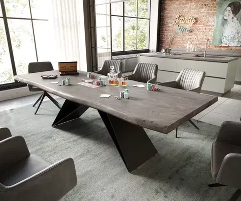 Jedálenské stoly DELIFE Jedálenský stôl Edge 260x100 XL akácia platinová podstava v tvare V plochá oceľ čierna Live-Edge