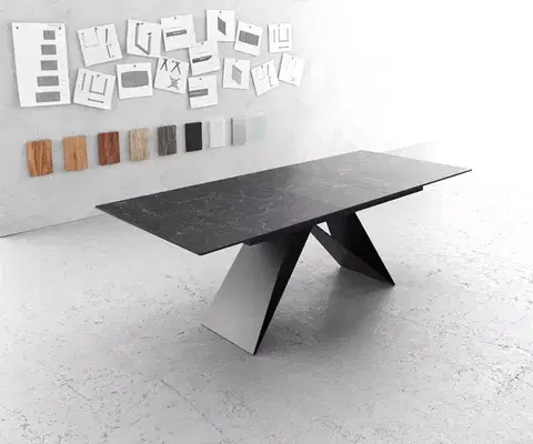 Jedálenské stoly DELIFE Jedálenský stôl Edge 180-220x90cm keramika Laminam®Nero Greco antracitová podstava v tvare V čierna rozkladací
