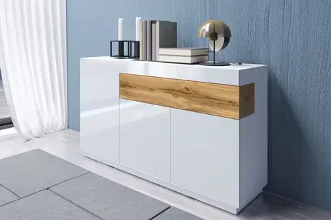 Komody a skrinky SELINKA 43 kombinovaná komoda 3d1s, biely lesk / dub Wotan