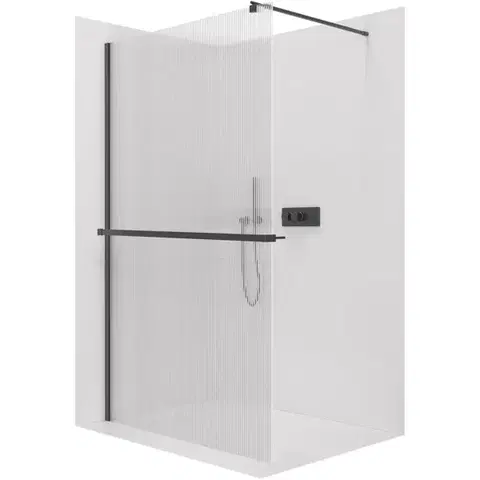 Držadlá k vani CERANO - Sprchová zástěna Walk-in Onyx Round L/P - 8 mm + polička/držák na ručníky - kulatá vzpěra - černá matná, rýhované sklo - 150x200  CER-8050BD357