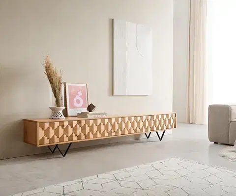 Televízne stolíky DELIFE TV stolík Fevo 220 cm dub prírodný 4 dvierka podstava v tvare V kov čierna