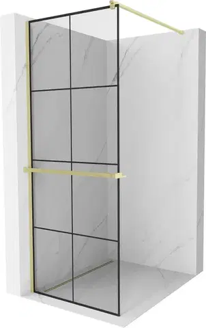 Sprchové dvere MEXEN/S - Kioto+ Sprchová zástena WALK-IN s poličkou a držiakom uterákov 70 x 200, čierny vzor, zlatá kartáčovaná 800-070-121-55-77