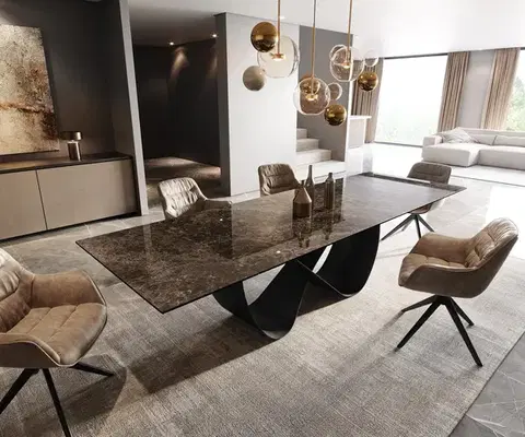 Jedálenské stoly DELIFE Jedálenský stôl Edge 200-300x100 keramika Laminam® Emperador Extra Lucidato tmavohnedá Infinity kov čierna rozkladací