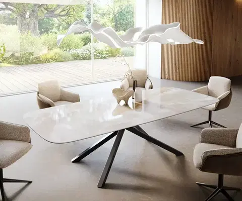 Jedálenské stoly DELIFE Jedálenský stôl Edge zaoblený tvar 270×120 cm keramika Iris FMG Onice Grigio krížová podstava hranatý čierna