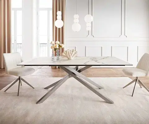Jedálenské stoly DELIFE Jedálenský stôl Edge 200x100 keramika Calacatta Luxe bielo-zlato-šedá krížová podstava obdĺžnik nerezová oceľ