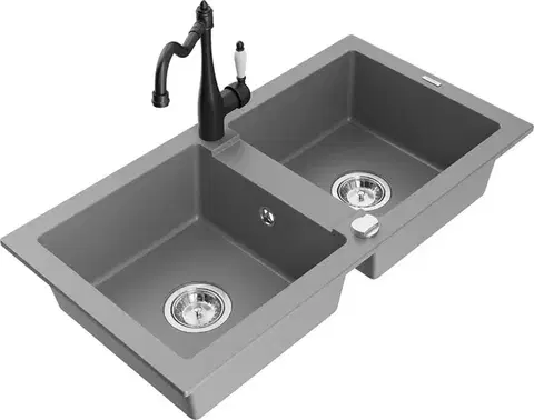 Kuchynské drezy MEXEN/S MEXEN/S - Mario granitový drez 2-bowl vrátane batérie Carla, šedá 6504-71-670700-70