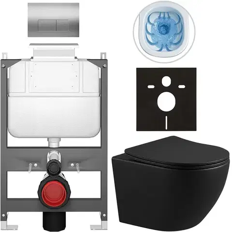 Záchody CERANO - Kompletný WC set Basic/Cesso - čierna matná - WC tlačidlo Modulo/Strieborná - ovládanie zhora - predstenová inštalácia - 49x36 CER-8050BD86370