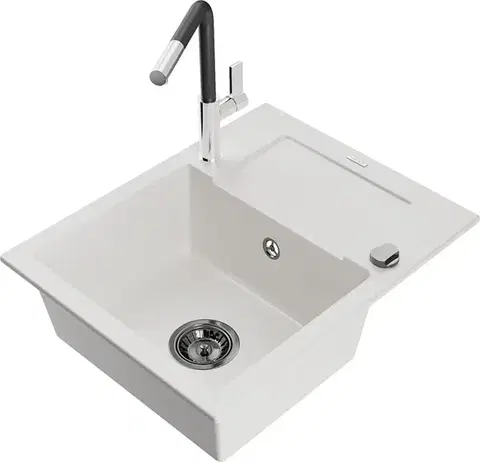 Kuchynské drezy MEXEN/S MEXEN/S - Enzo granitový drez 1-miska s odkvapkávačom vrátane batérie Flora, biela 6506-20-670401-07-B