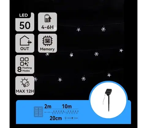 LED osvetlenie  B.V.  - Solárny LED reťazec 50×LED / 8 režimov, 12 m, IP65, studená biela B10201JE9