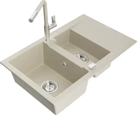 Kuchynské drezy MEXEN/S MEXEN/S - Gaspar granitový drez 1.5 s odkvapkávačom vrátane batérie Flora, béžová 6507-69-670401-09