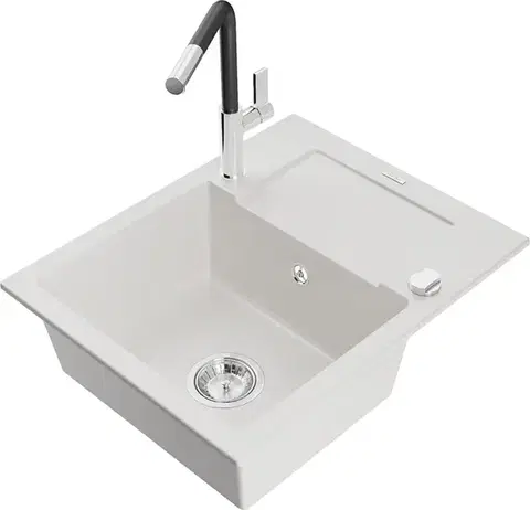 Kuchynské drezy MEXEN/S MEXEN/S - Enzo granitový drez 1-miska s odkvapkávačom vrátane batérie Flora, biela 6506-20-670401-07