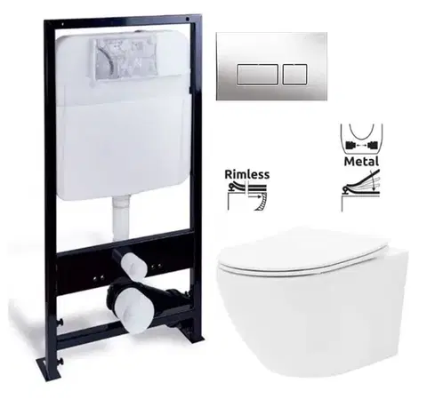 Záchody PRIM předstěnový instalační systém s chromovým tlačítkem 20/0041 + WC REA Carlo Flat Mini Rimlesss + SEDADLO PRIM_20/0026 41 CF1