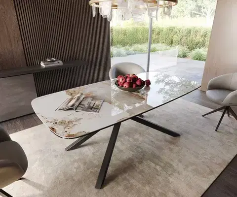 Jedálenské stoly DELIFE Jedálenský stôl Edge 200x100 keramika Minas Melange bielo-béžová krížová podstava obdĺžnik čierna