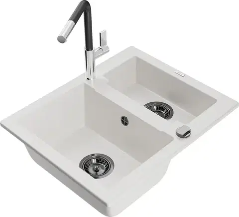 Kuchynské drezy MEXEN/S MEXEN/S - Carlos granitový drez 1.5 vrátane batérie Flora, biela 6518-20-670401-07-B