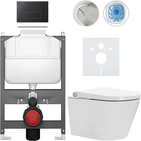 Záchody CERANO - Závesné WC s bidetom Basic/Cronus Standard - biela lesklá - WC tlačidlo Modulo/Čierna - ovládanie zhora - predstenová inštalácia - 59,3x38,4 CER-8050BD86455