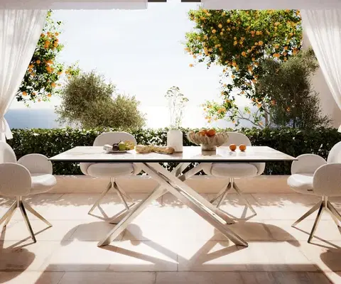 Záhradné stoly DELIFE Záhradný jedálenský stôl Edge 200×100 cm keramika Minas melange bielo-béžová krížová podstava obdĺžnik nerezová oceľ