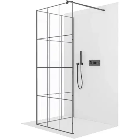 Sprchovacie kúty CERANO - Sprchová zástěna Walk-in Onyx Corner Round L/P - 8 mm - kulatá vzpěra - černá matná, industriální sklo - 110x120x200  CER-670382