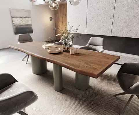Jedálenské stoly DELIFE Jedálenský stôl Edge 260x100 XL akácia hnedá Troa kov titánová farba Live-Edge