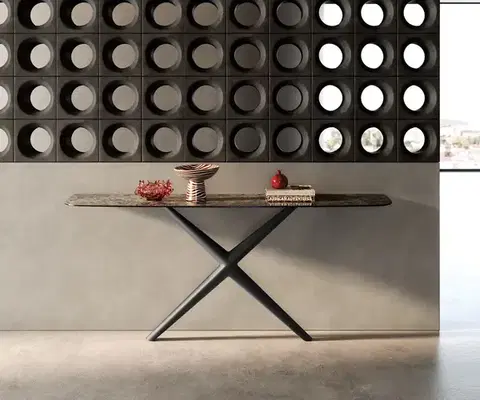 Konzolové stolíky DELIFE Konzolový stolík Edge zaoblený 180×40 cm keramika Emperador Extra Lucidato tmavohnedá Estelo kov čierna
