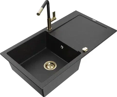 Kuchynské drezy MEXEN/S MEXEN/S - Leo granitový drez 1 s odkvapkávačom vrátane batérie Flora, čierna/strieborná metalík 6501-73-670401-57-G