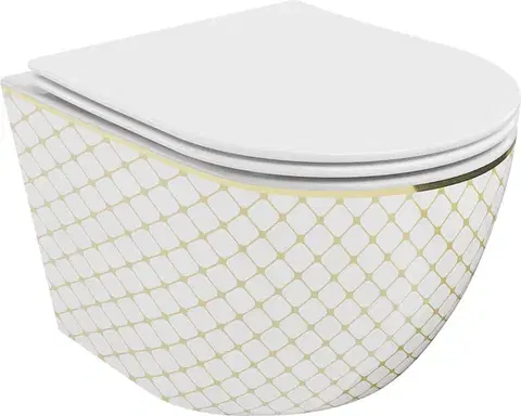 Záchody MEXEN - Lena Závesná WC misa vrátane sedátka s slow-slim, duroplast, biela/zlatý vzor 30224009