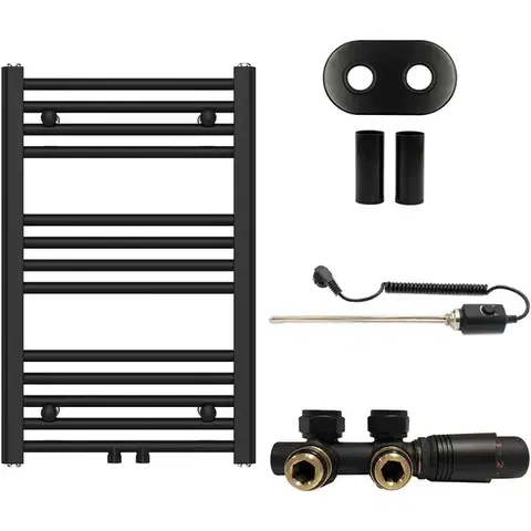 Doplnky do kúpeľne CERANO - Koupelnový radiátorový set Benito - kombinované vytápění, termo tyč - středové připojení 50 mm - 300W - černá matná - 700x450 mm CER-163041
