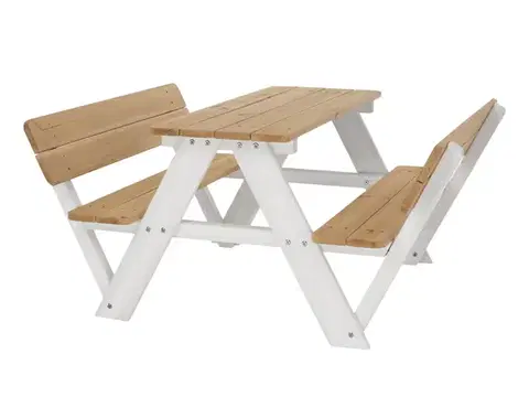 Záhradné zostavy KONDELA Abalo drevený detský záhradný set biela / prírodná