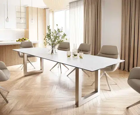 Jedálenské stoly DELIFE Jedálenský stôl Edge 300x100 keramika Laminam® Statuarietto biela nerezová oceľ široký
