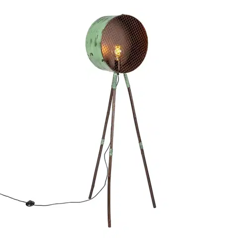 Stojace lampy Vintage stojaca lampa na bambusovom trojnohom zelená s meďou - Barrel