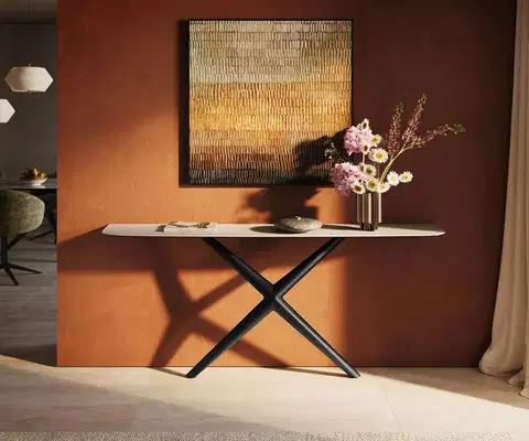 Konzolové stolíky DELIFE Konzolový stolík Edge zaoblený tvar 180×40 cm keramika Laminam® Travertino Bianco krémovo biela Estelo kov čierna