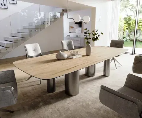 Jedálenské stoly DELIFE Jedálenský stôl Edge zaoblený 300×120 cm keramika Laminam® Sabbia dubová farba podstava nerezová oceľ grafitová