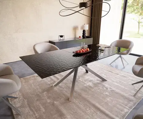 Jedálenské stoly DELIFE Jedálenský stôl Edge 180-220x100 reliéfne sklo dymovo čierna 3D dizajn krížová podstava obdĺžnik nerezová oceľ rozkladací