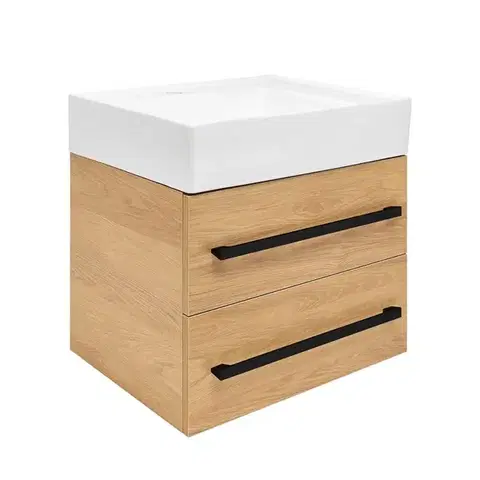 Kúpeľňový nábytok Kúpeľňová skrinka s umývadlom a čiernou úchytkou SAT Cube Way 60x53x46 cm dub Hickory mat CUBE46C602DHSATCW CUBE46C602DHSATCW