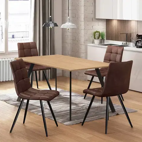Jedálenské sety Jedálenský stôl 120x80 BERGEN dub + 4 stoličky BERGEN hnedé mikrovlákno
