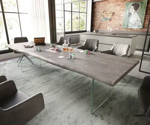 Jedálenské stoly DELIFE Jedálenský stôl Edge 300x100 XL akácia platinové sklo Live-Edge