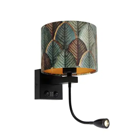 Lampy Nástenná lampa čierna s zamatovým tienidlom s dizajnom listu a zlatým vnútorným priestorom - Brescia Combi
