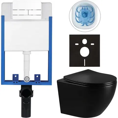 Záchody CERANO - Kompletný WC set Profi/Cesso - čierna lesklá - WC tlačidlo Line/Biela - na zamurovanie - 49x36 CER-8050BD84254