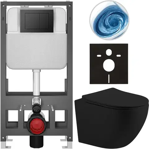 Záchody CERANO - Kompletný WC set Basic/Cesso - čierna matná - WC tlačidlo Maxio/Čierna - voľne stojaca - predstenová inštalácia - 49x36 CER-8050BD86217