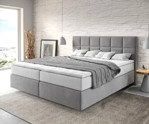 Postele Boxspring DELIFE Boxspring posteľ Dream-Fine 180×200 cm mikrovlákno sivá s vreckovou pružinovou matracou a visco topperom