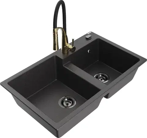 Kuchynské drezy MEXEN/S MEXEN/S - Tomas granitový drez 2-bowl vrátane batérie Aster, čierna kropenatá 6516-76-73450-57-B