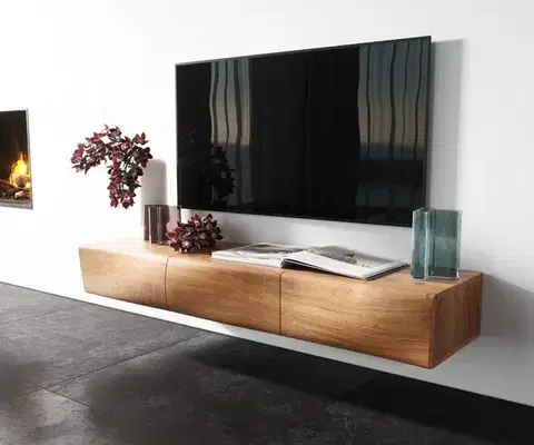 Televízne stolíky DELIFE TV stolík New Live-Edge 145 cm akácia prírodná 3 dvierka závesný